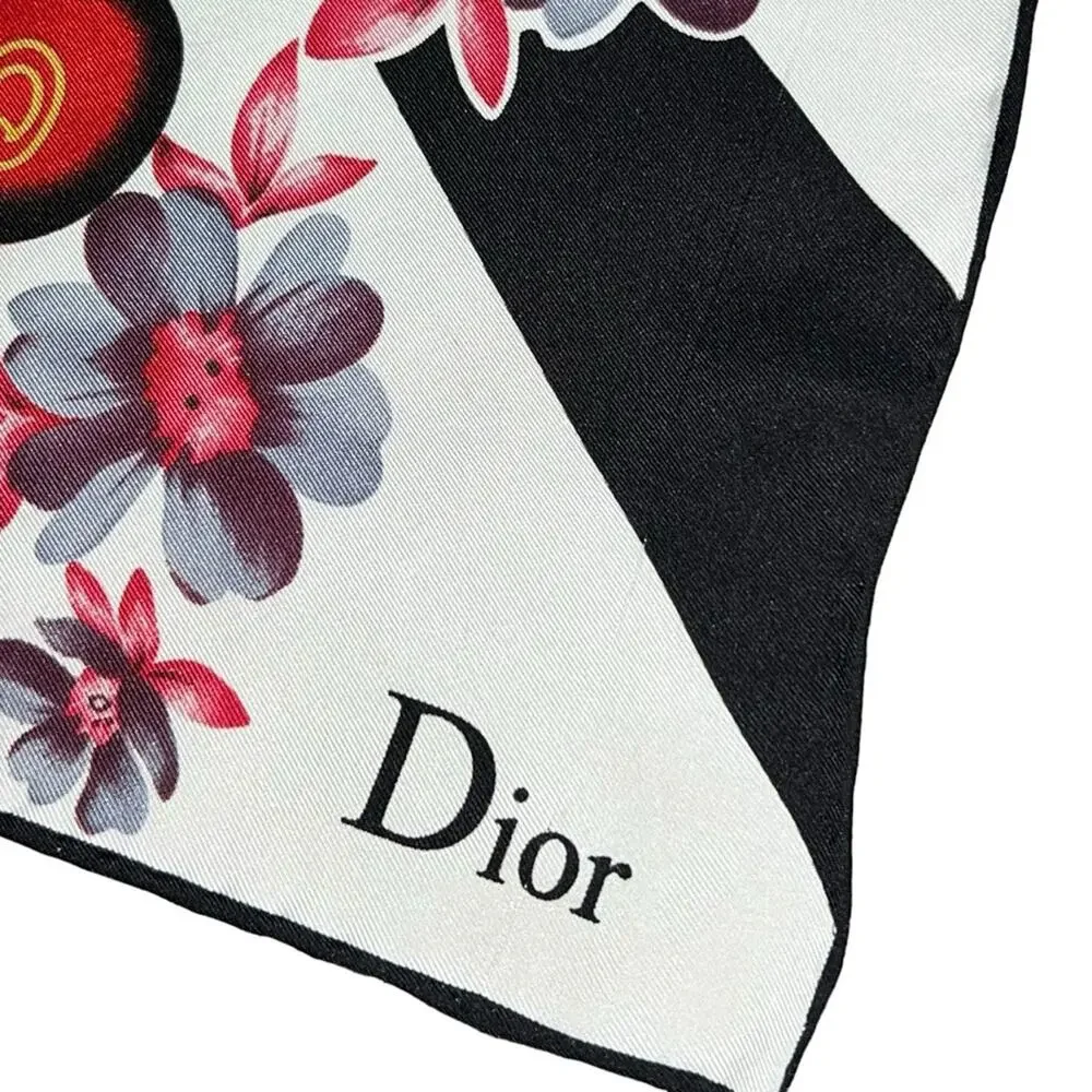 AUTH VTG Christian Dior Dolls Logo Floral Print Silk Large Square Scarf Top